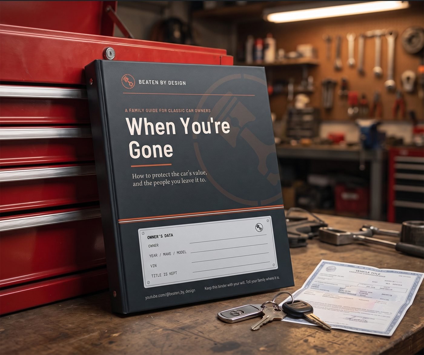 The When You're Gone guide printed and placed in a black binder on a garage workbench, with car keys and a vehicle title